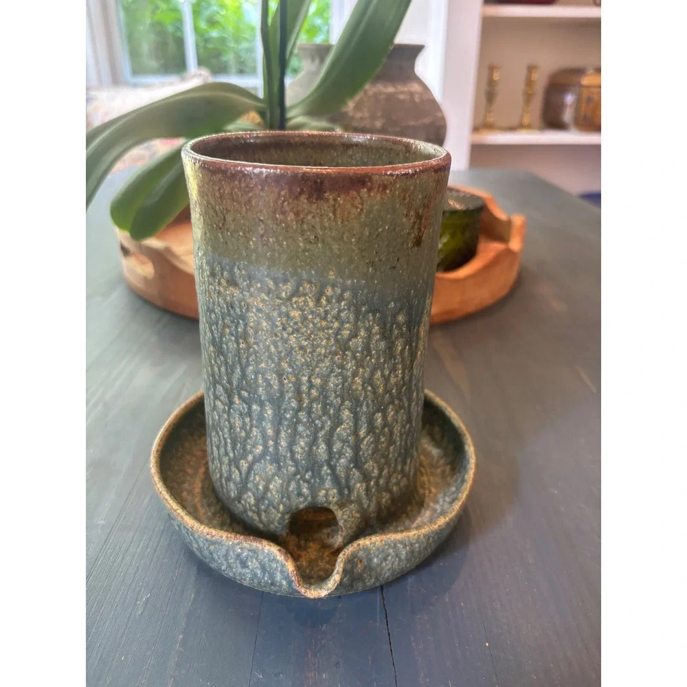 Handmade Studio Pottery Bacon Cooker Mug Textured Glaze Green Brown Artisan LSH
